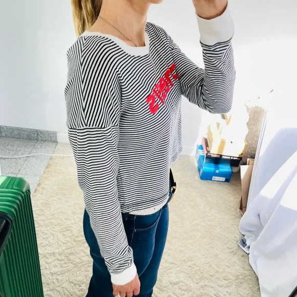 ABERCROMBIE $ Fitch sweatshirt long tee cropped striped CHEERS - Picture 3 of 10